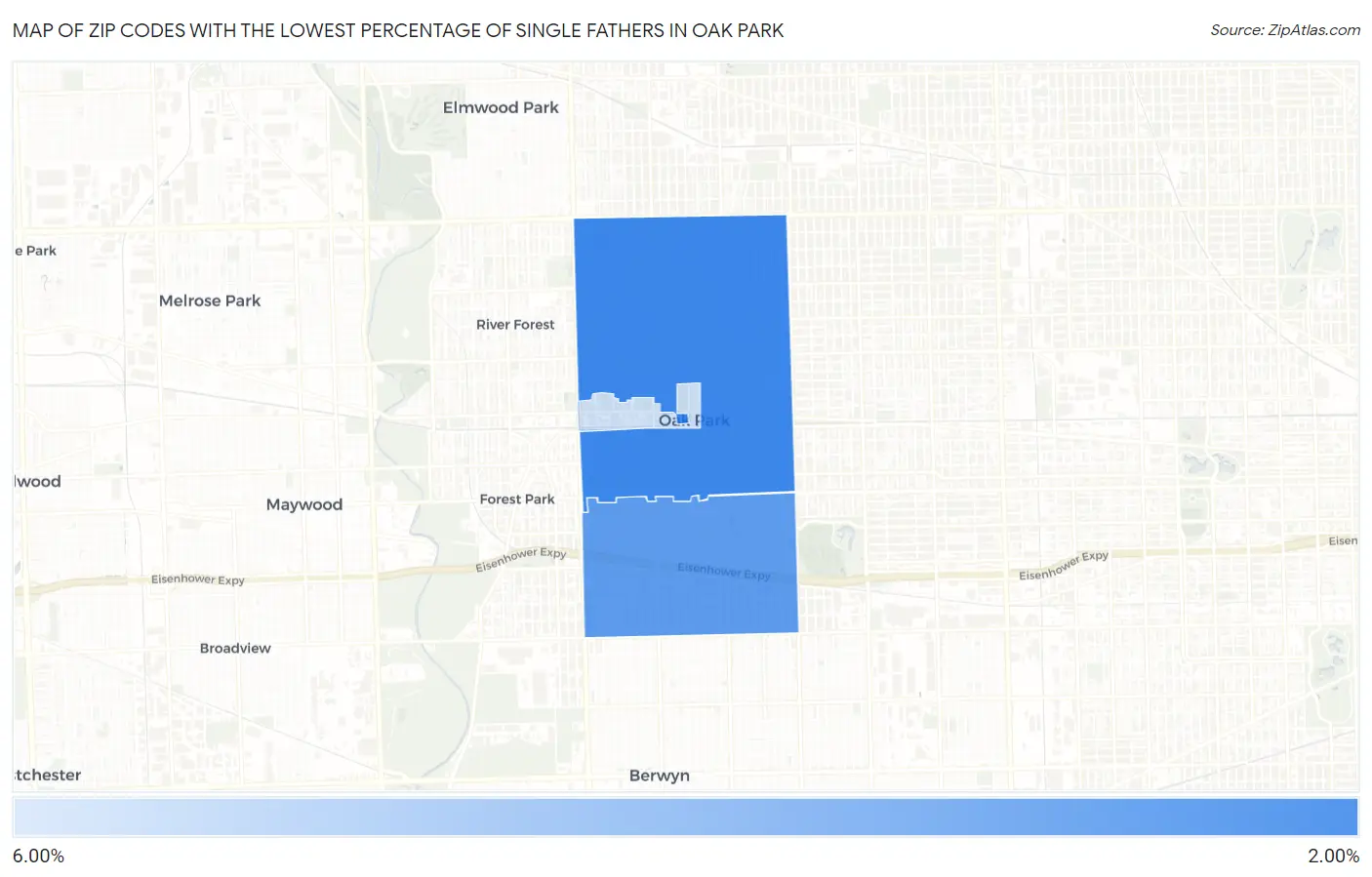 Zip Codes with the Lowest Percentage of Single Fathers in Oak Park Map