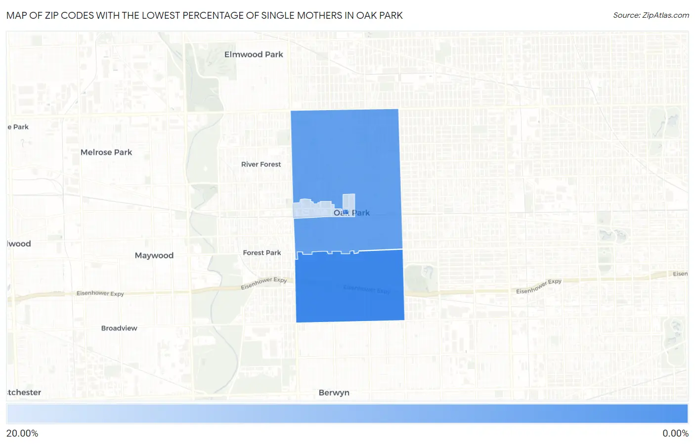 Zip Codes with the Lowest Percentage of Single Mothers in Oak Park Map