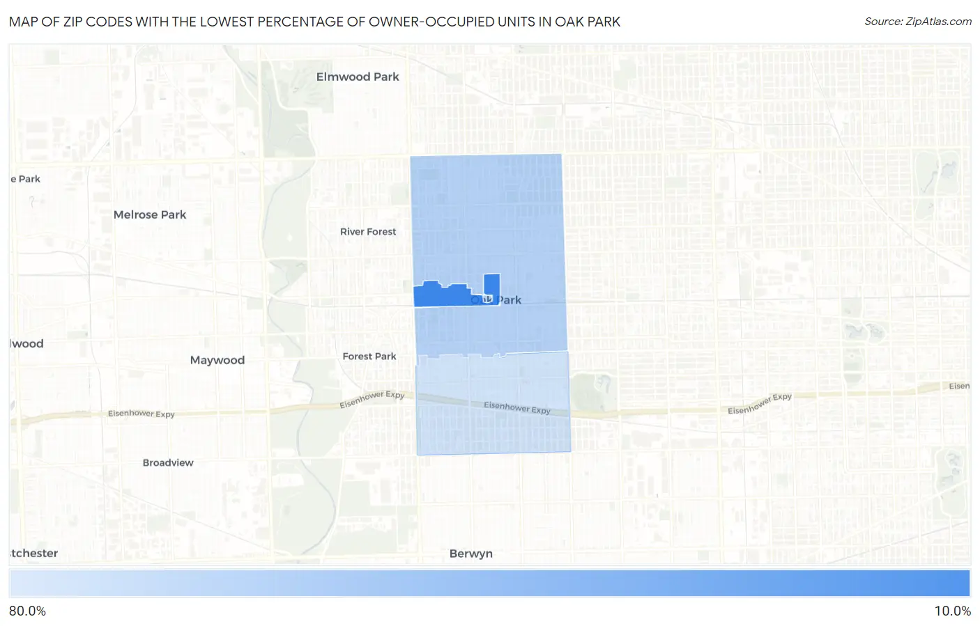 Zip Codes with the Lowest Percentage of Owner-Occupied Units in Oak Park Map