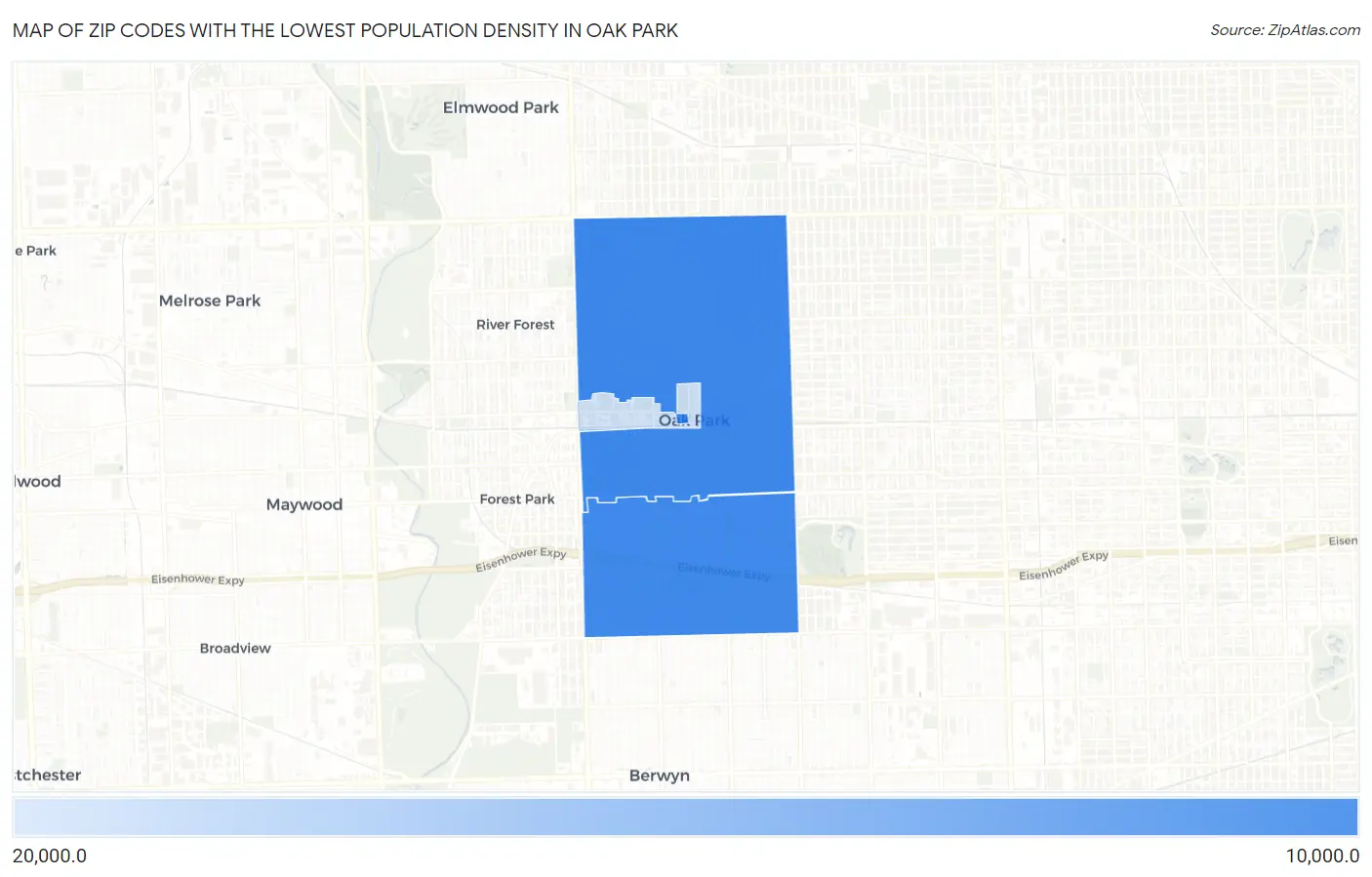 Zip Codes with the Lowest Population Density in Oak Park Map