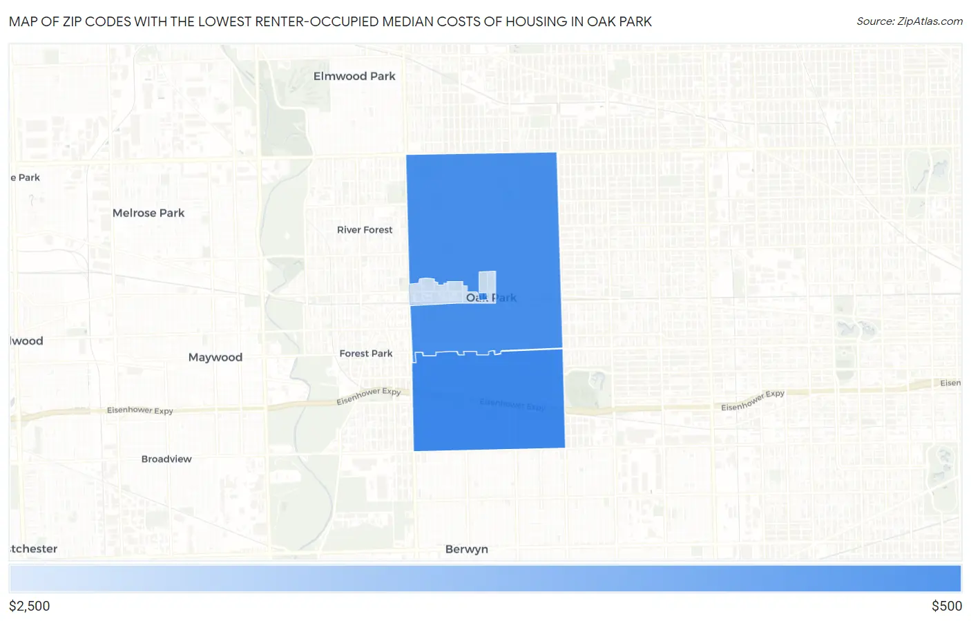 Zip Codes with the Lowest Renter-Occupied Median Costs of Housing in Oak Park Map