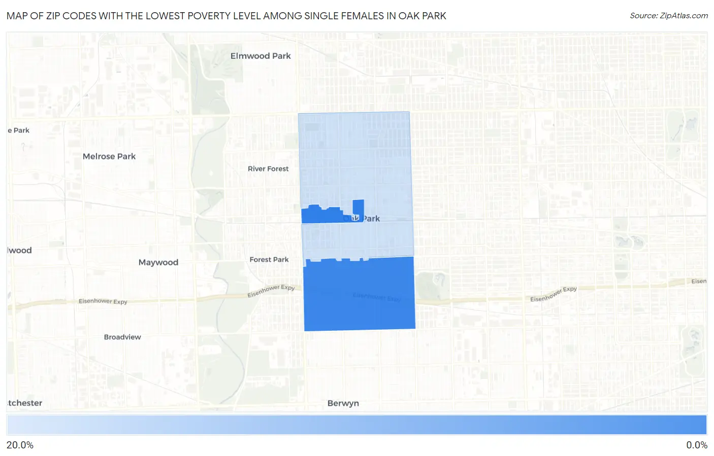 Zip Codes with the Lowest Poverty Level Among Single Females in Oak Park Map
