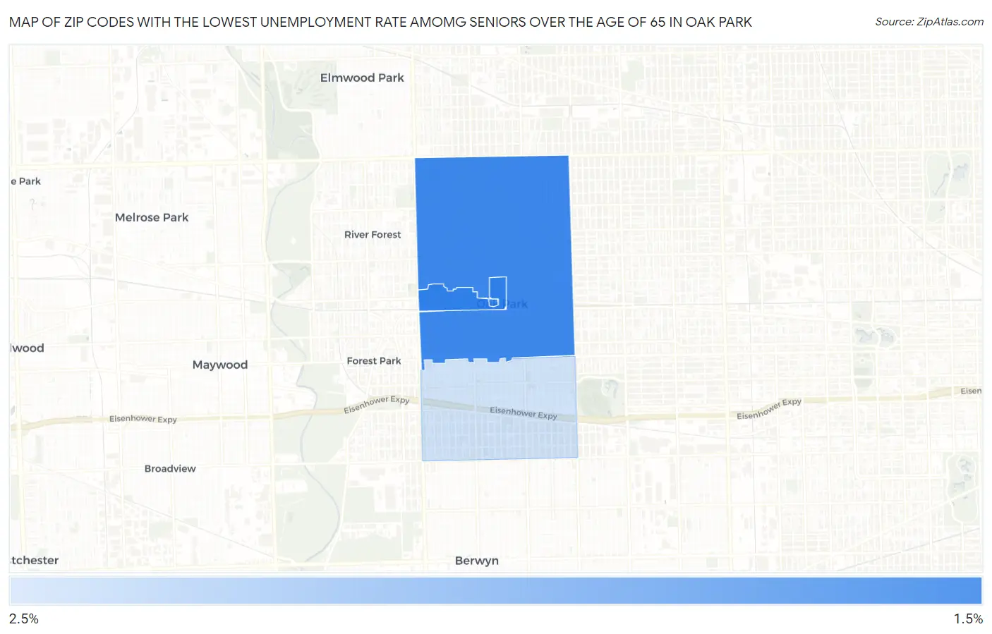 Zip Codes with the Lowest Unemployment Rate Amomg Seniors Over the Age of 65 in Oak Park Map