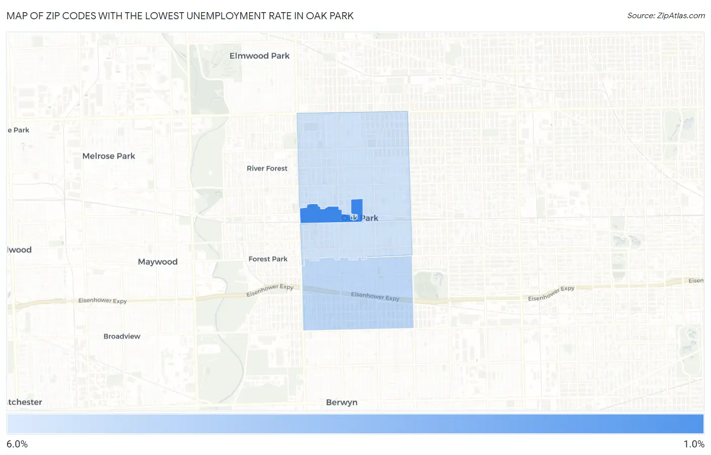 Zip Codes with the Lowest Unemployment Rate in Oak Park Map