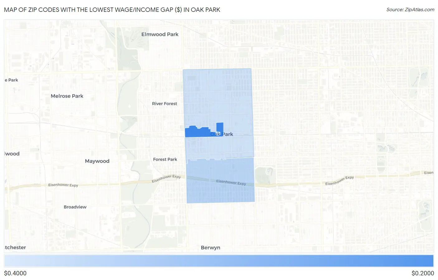 Zip Codes with the Lowest Wage/Income Gap ($) in Oak Park Map