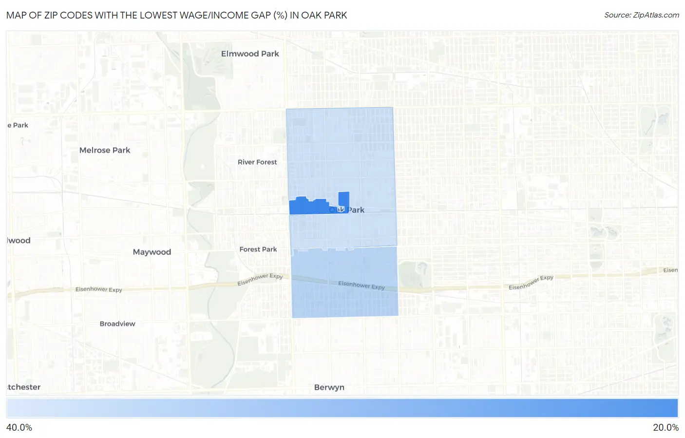 Zip Codes with the Lowest Wage/Income Gap (%) in Oak Park Map