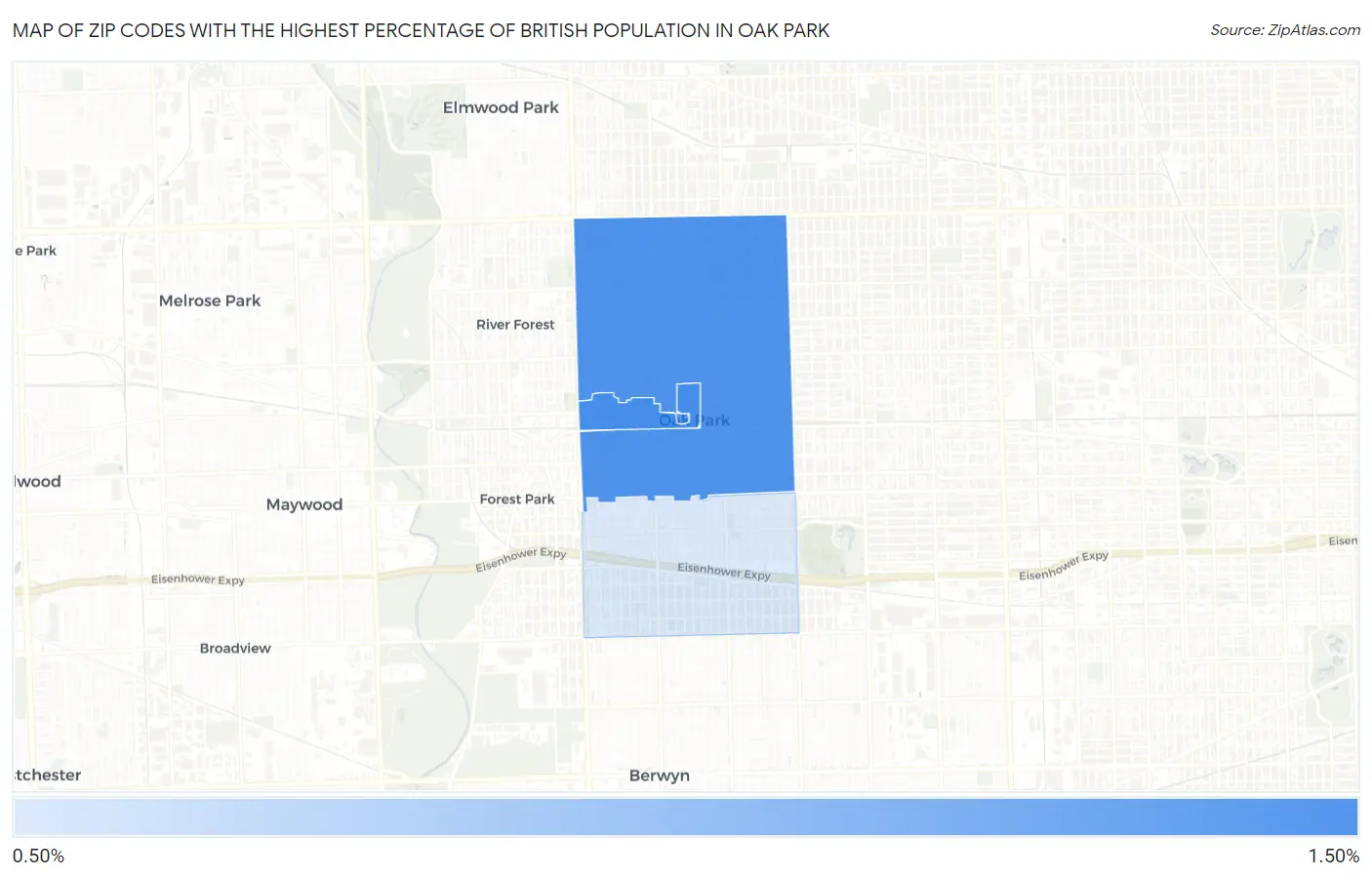 Zip Codes with the Highest Percentage of British Population in Oak Park Map