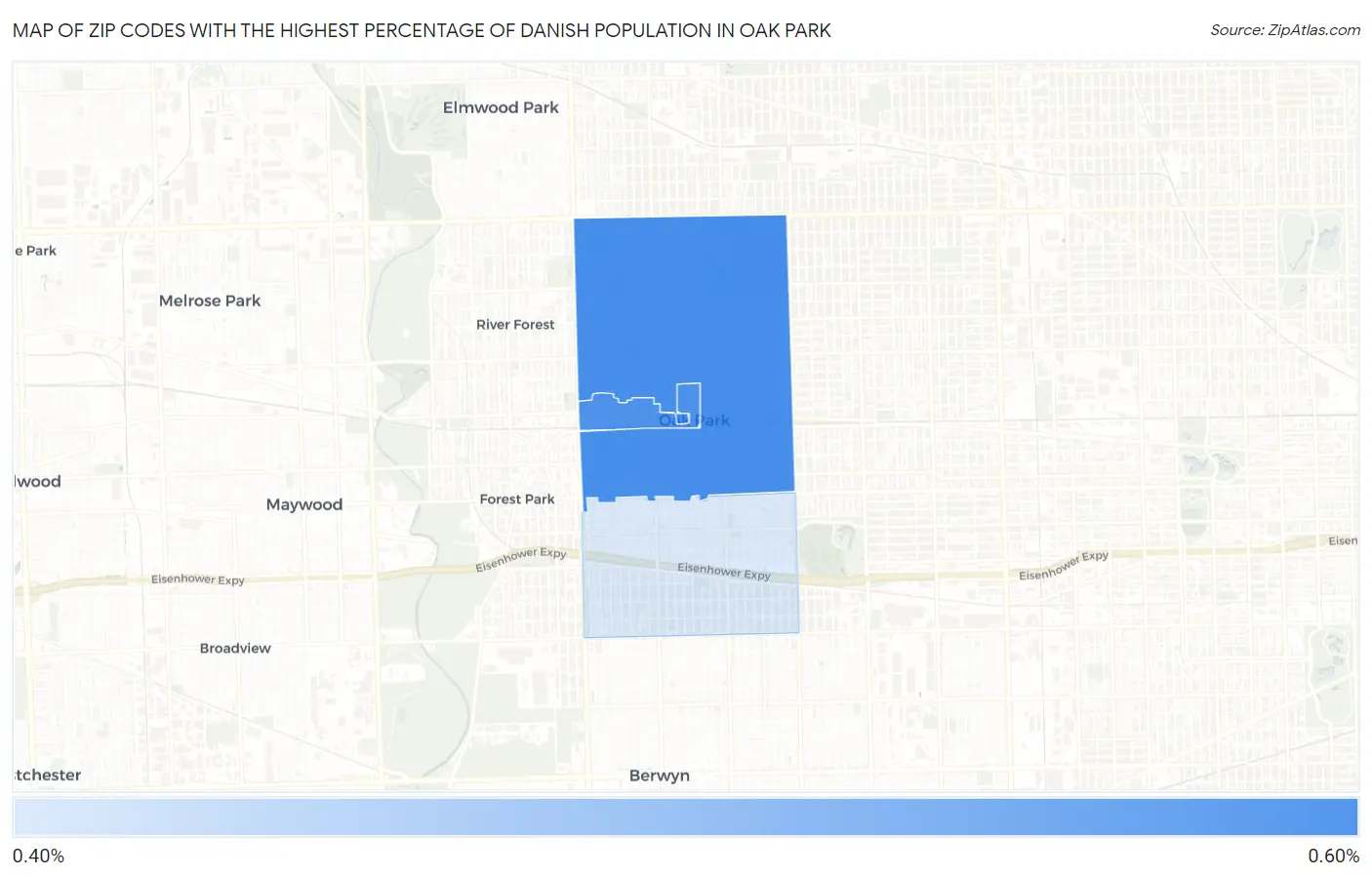 Zip Codes with the Highest Percentage of Danish Population in Oak Park Map
