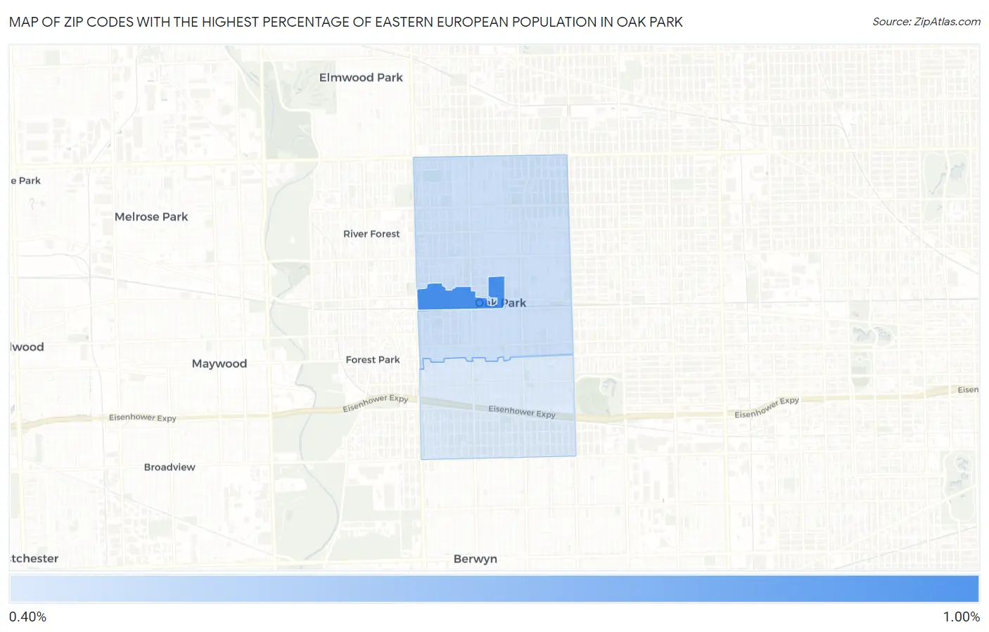 Zip Codes with the Highest Percentage of Eastern European Population in Oak Park Map