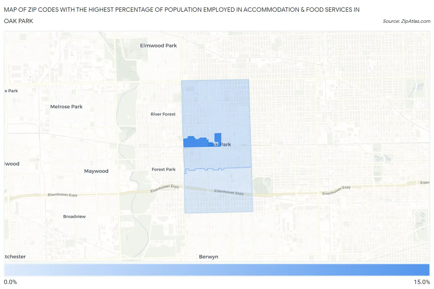 Zip Codes with the Highest Percentage of Population Employed in Accommodation & Food Services in Oak Park Map
