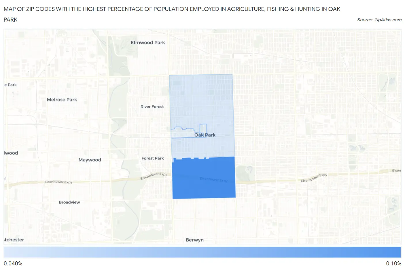 Zip Codes with the Highest Percentage of Population Employed in Agriculture, Fishing & Hunting in Oak Park Map
