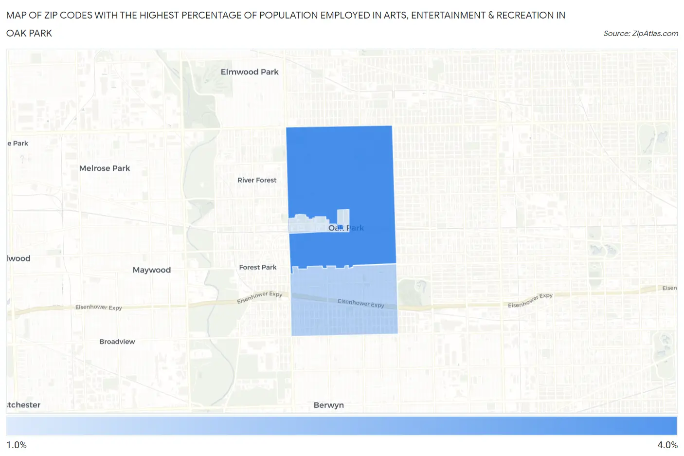 Zip Codes with the Highest Percentage of Population Employed in Arts, Entertainment & Recreation in Oak Park Map