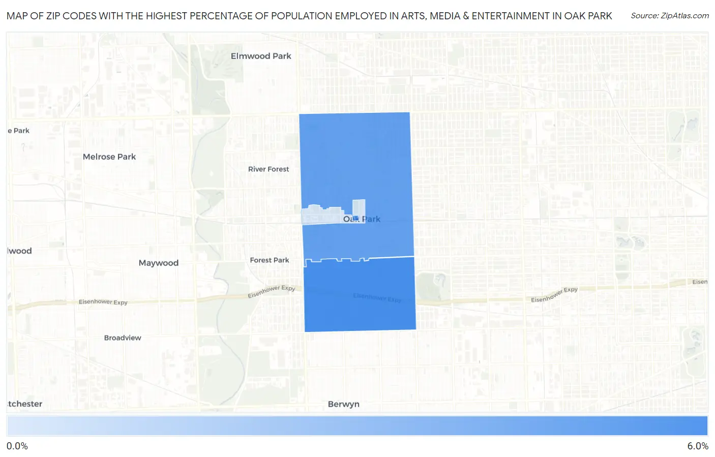 Zip Codes with the Highest Percentage of Population Employed in Arts, Media & Entertainment in Oak Park Map