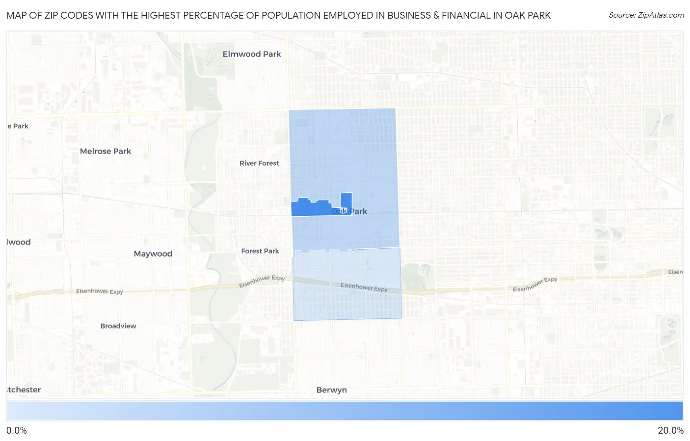 Zip Codes with the Highest Percentage of Population Employed in Business & Financial in Oak Park Map