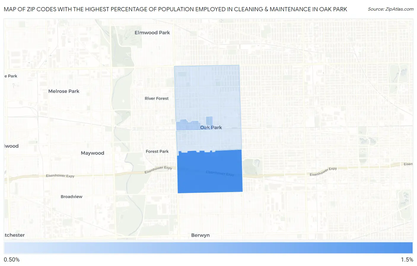 Zip Codes with the Highest Percentage of Population Employed in Cleaning & Maintenance in Oak Park Map