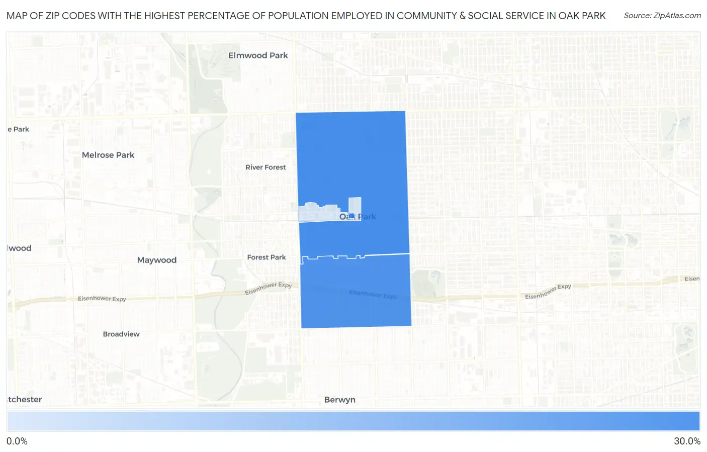 Zip Codes with the Highest Percentage of Population Employed in Community & Social Service  in Oak Park Map