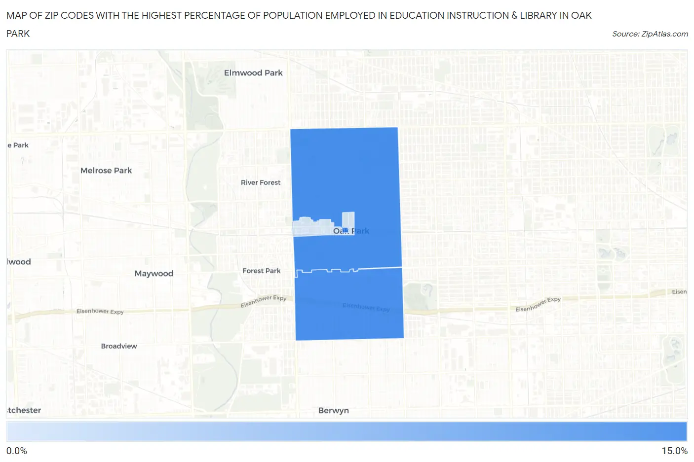 Zip Codes with the Highest Percentage of Population Employed in Education Instruction & Library in Oak Park Map
