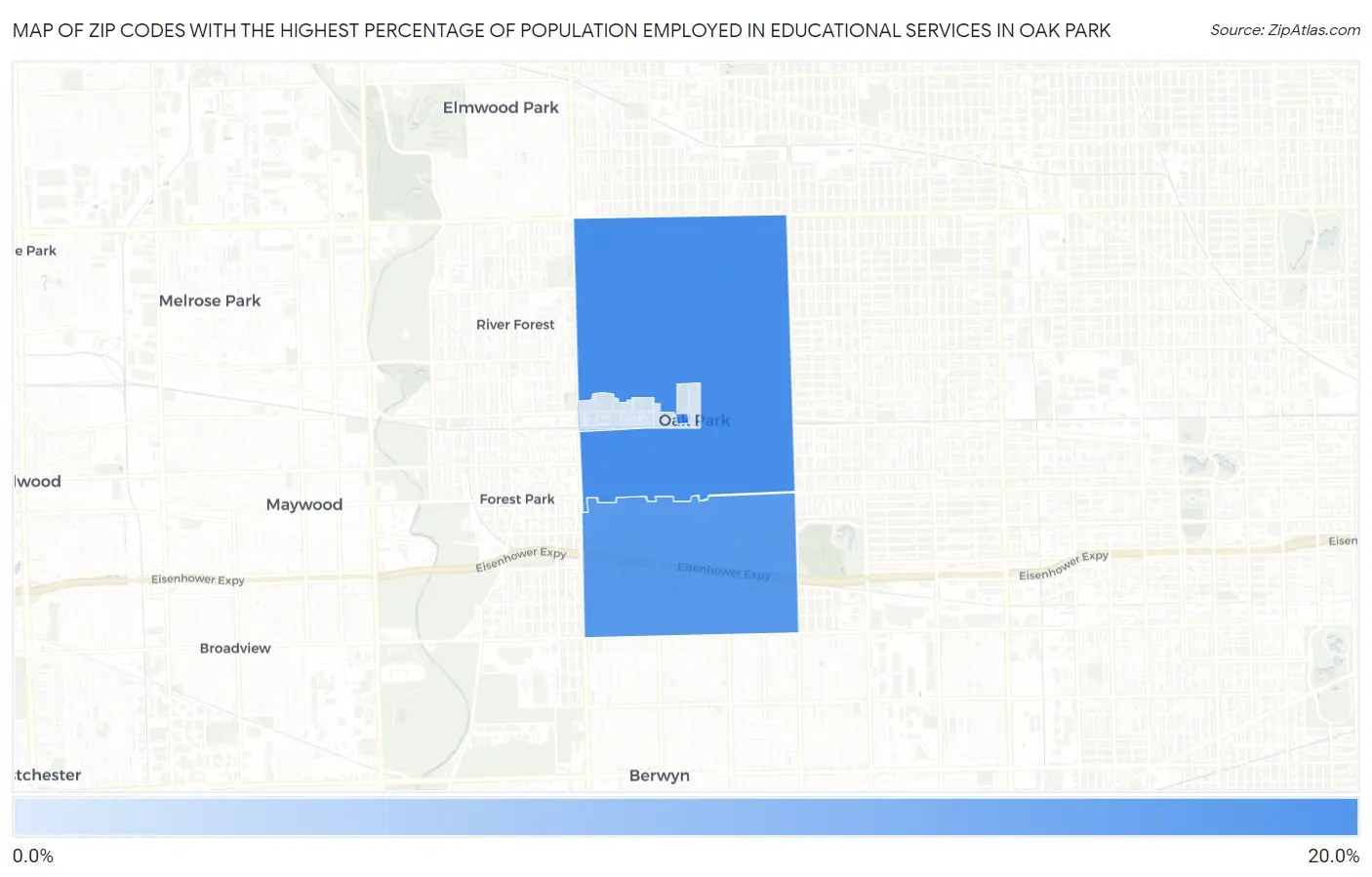 Zip Codes with the Highest Percentage of Population Employed in Educational Services in Oak Park Map