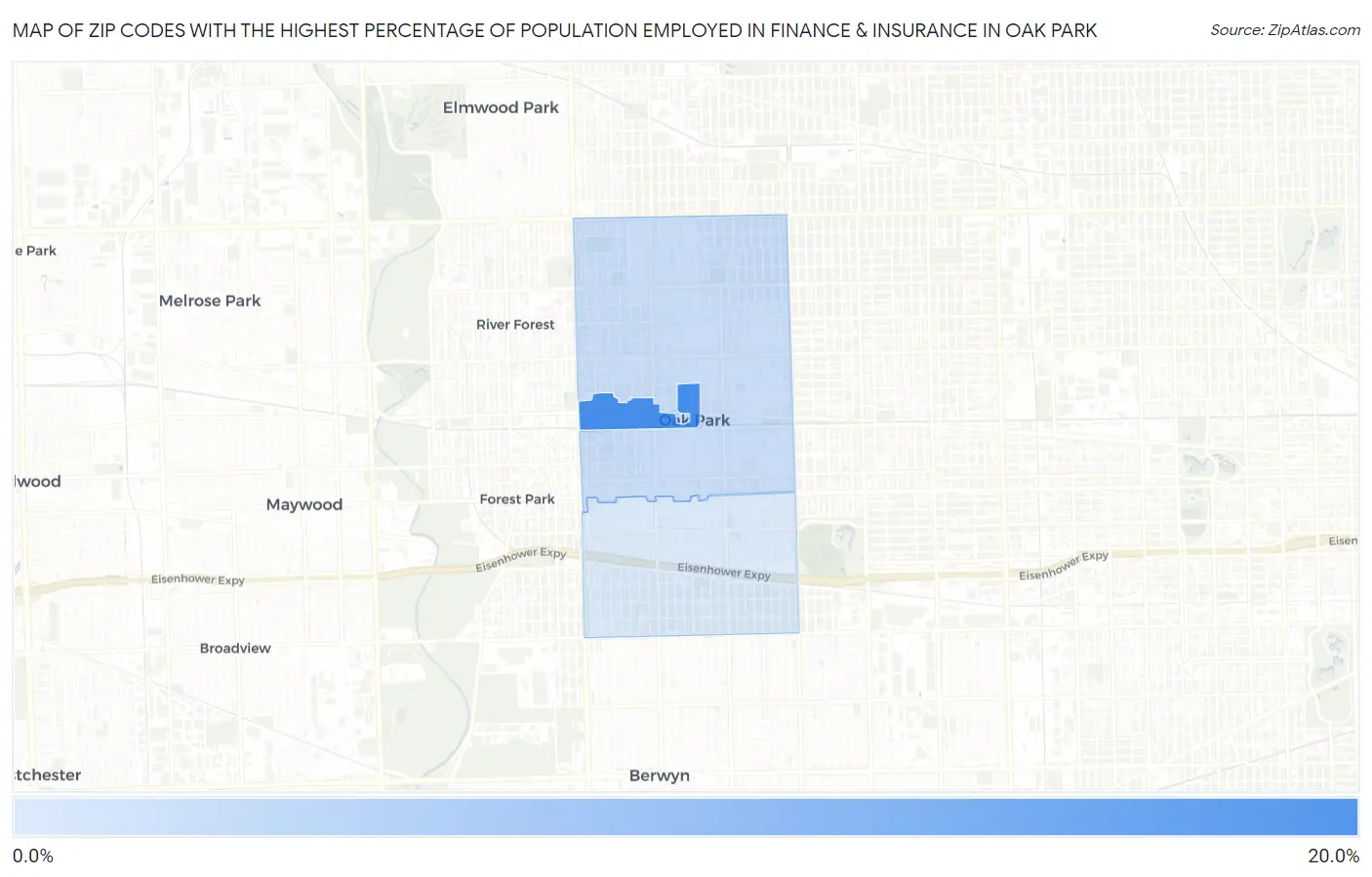 Zip Codes with the Highest Percentage of Population Employed in Finance & Insurance in Oak Park Map