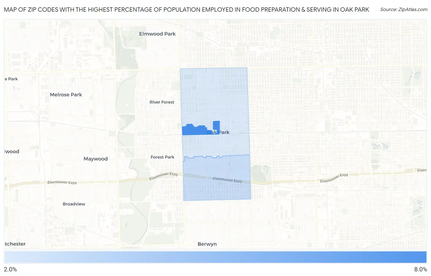 Zip Codes with the Highest Percentage of Population Employed in Food Preparation & Serving in Oak Park Map