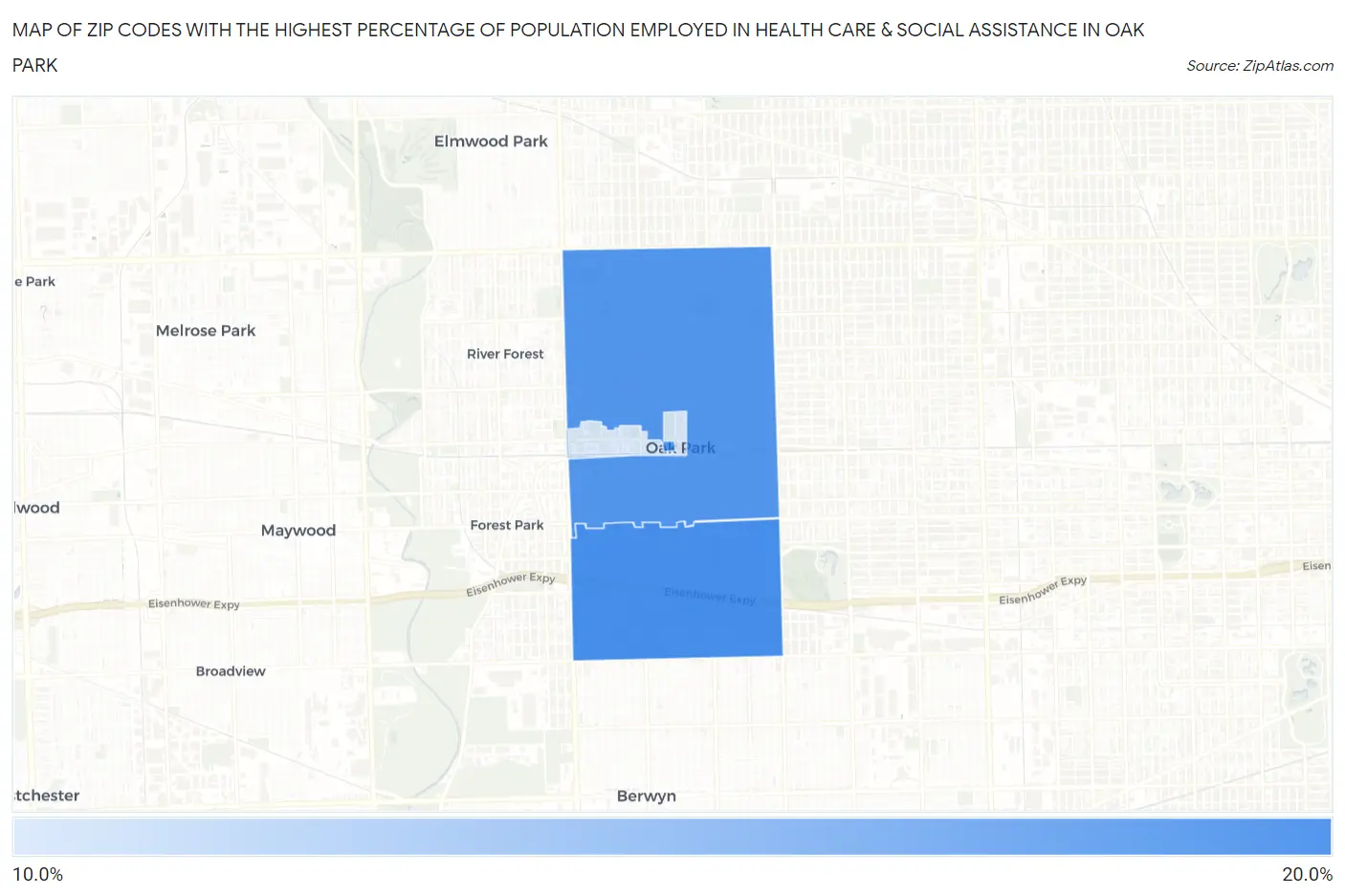 Zip Codes with the Highest Percentage of Population Employed in Health Care & Social Assistance in Oak Park Map