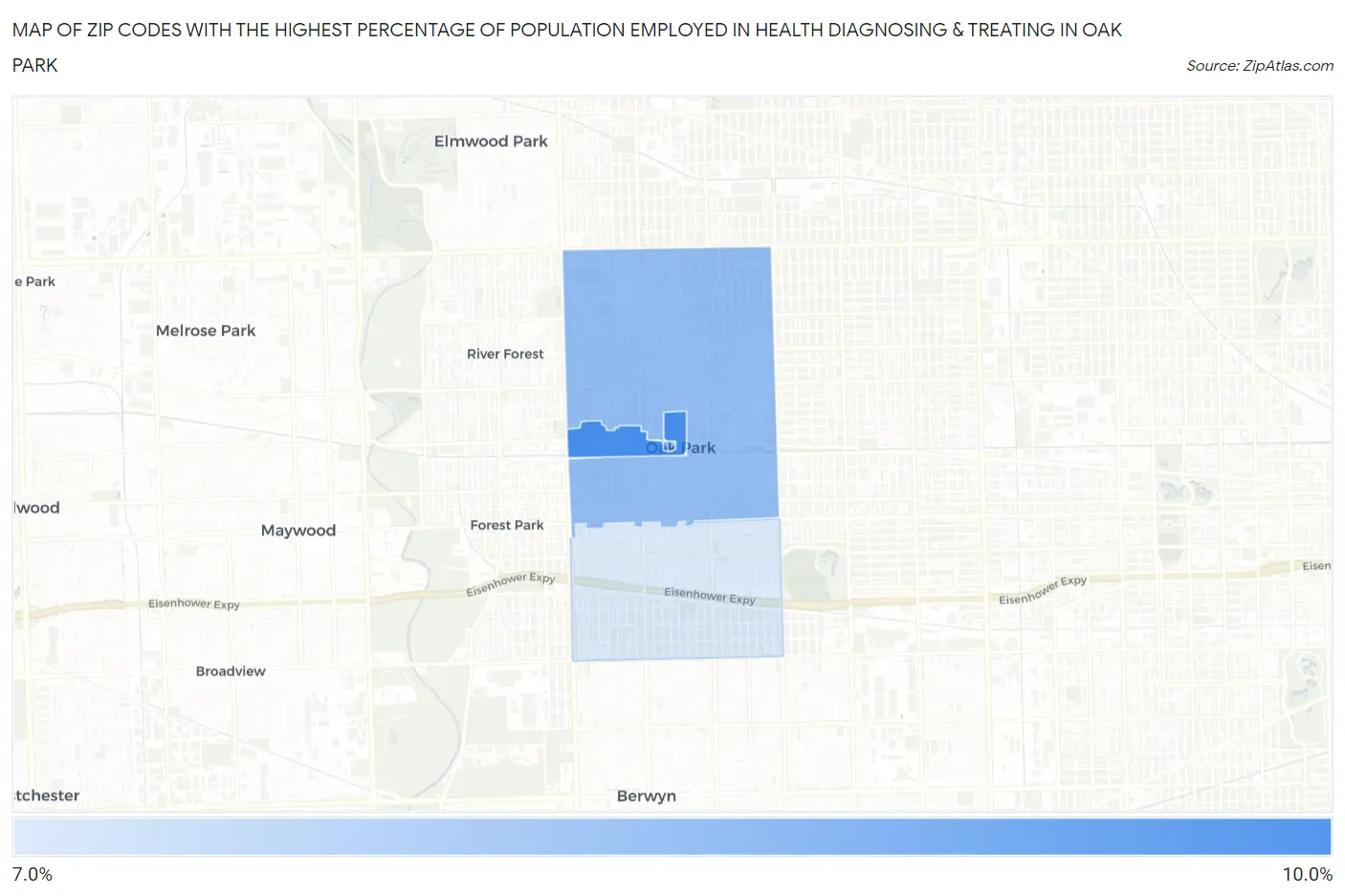 Zip Codes with the Highest Percentage of Population Employed in Health Diagnosing & Treating in Oak Park Map