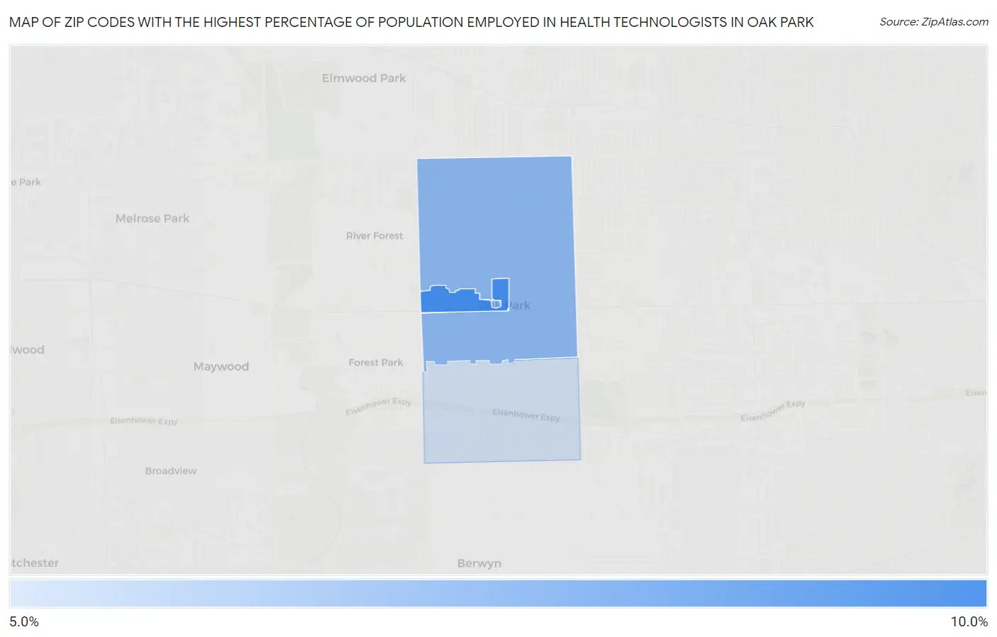 Zip Codes with the Highest Percentage of Population Employed in Health Technologists in Oak Park Map
