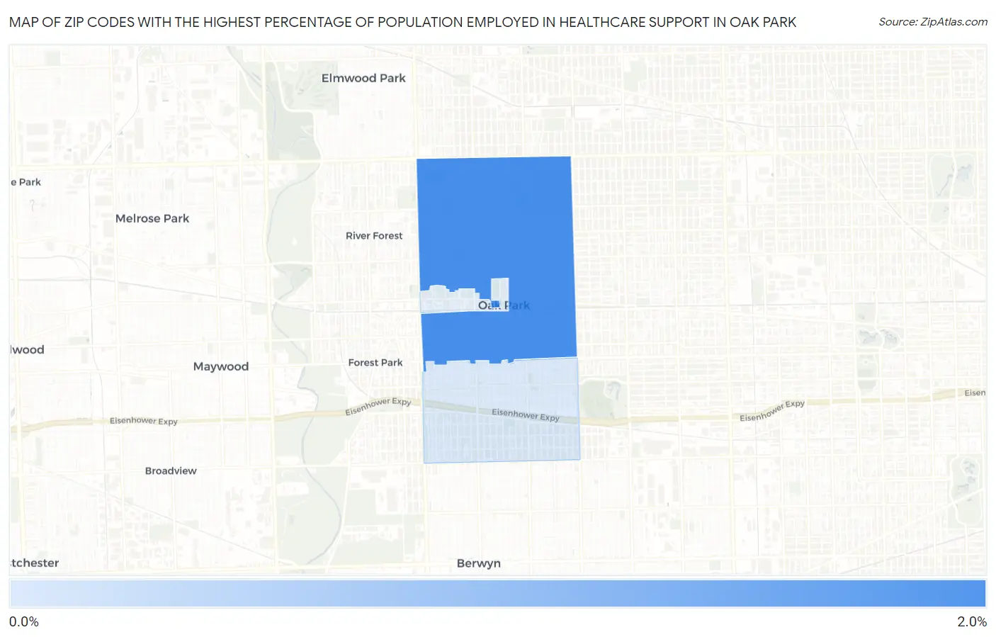 Zip Codes with the Highest Percentage of Population Employed in Healthcare Support in Oak Park Map