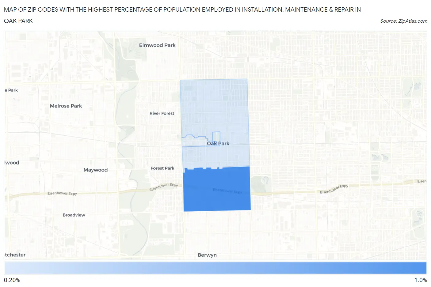 Zip Codes with the Highest Percentage of Population Employed in Installation, Maintenance & Repair in Oak Park Map