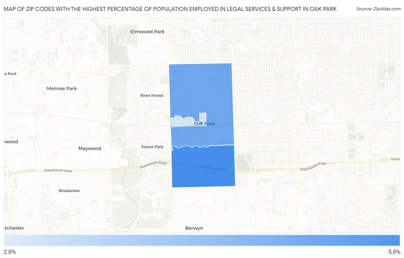 Zip Codes with the Highest Percentage of Population Employed in Legal Services & Support in Oak Park Map
