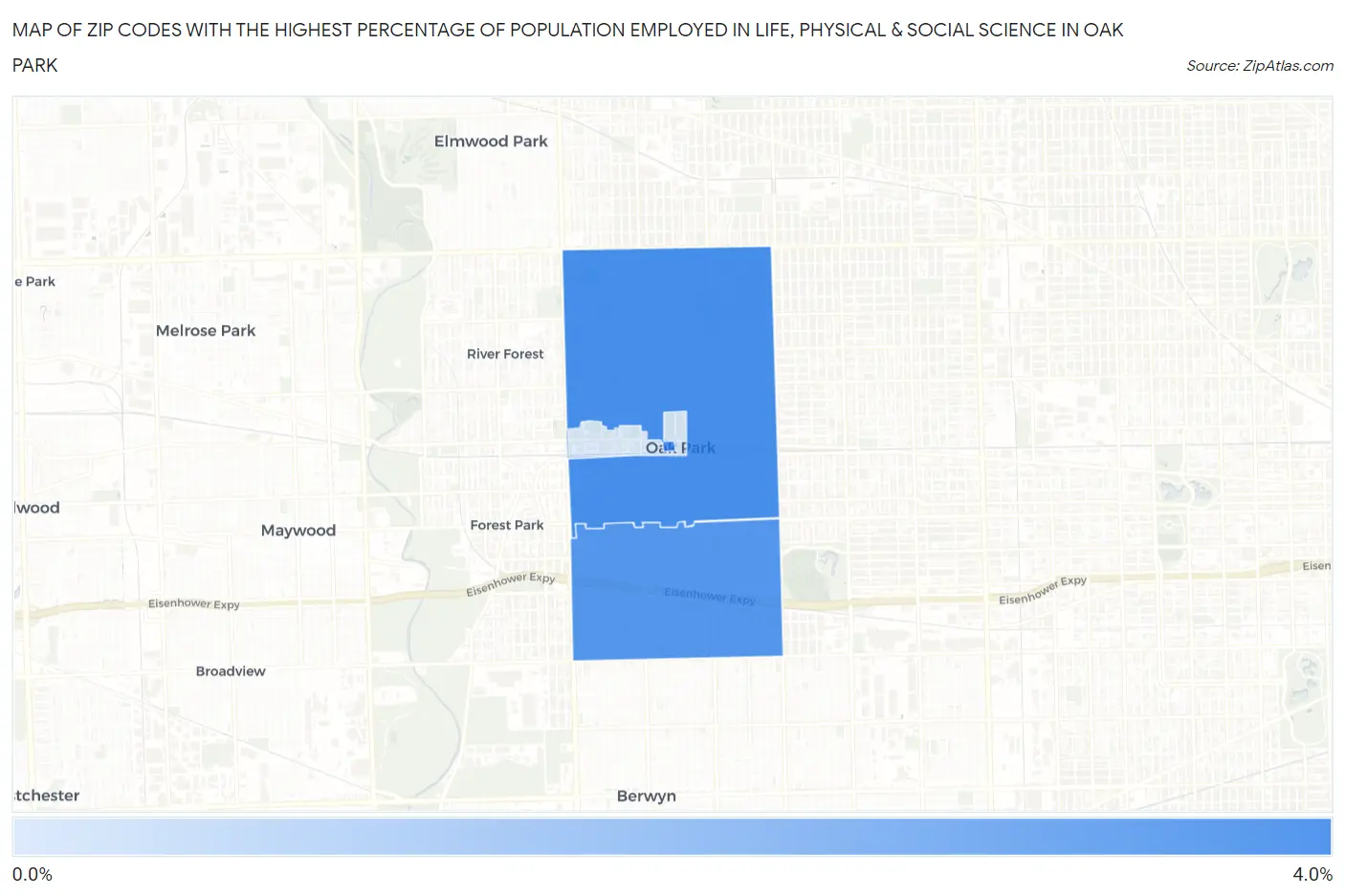 Zip Codes with the Highest Percentage of Population Employed in Life, Physical & Social Science in Oak Park Map