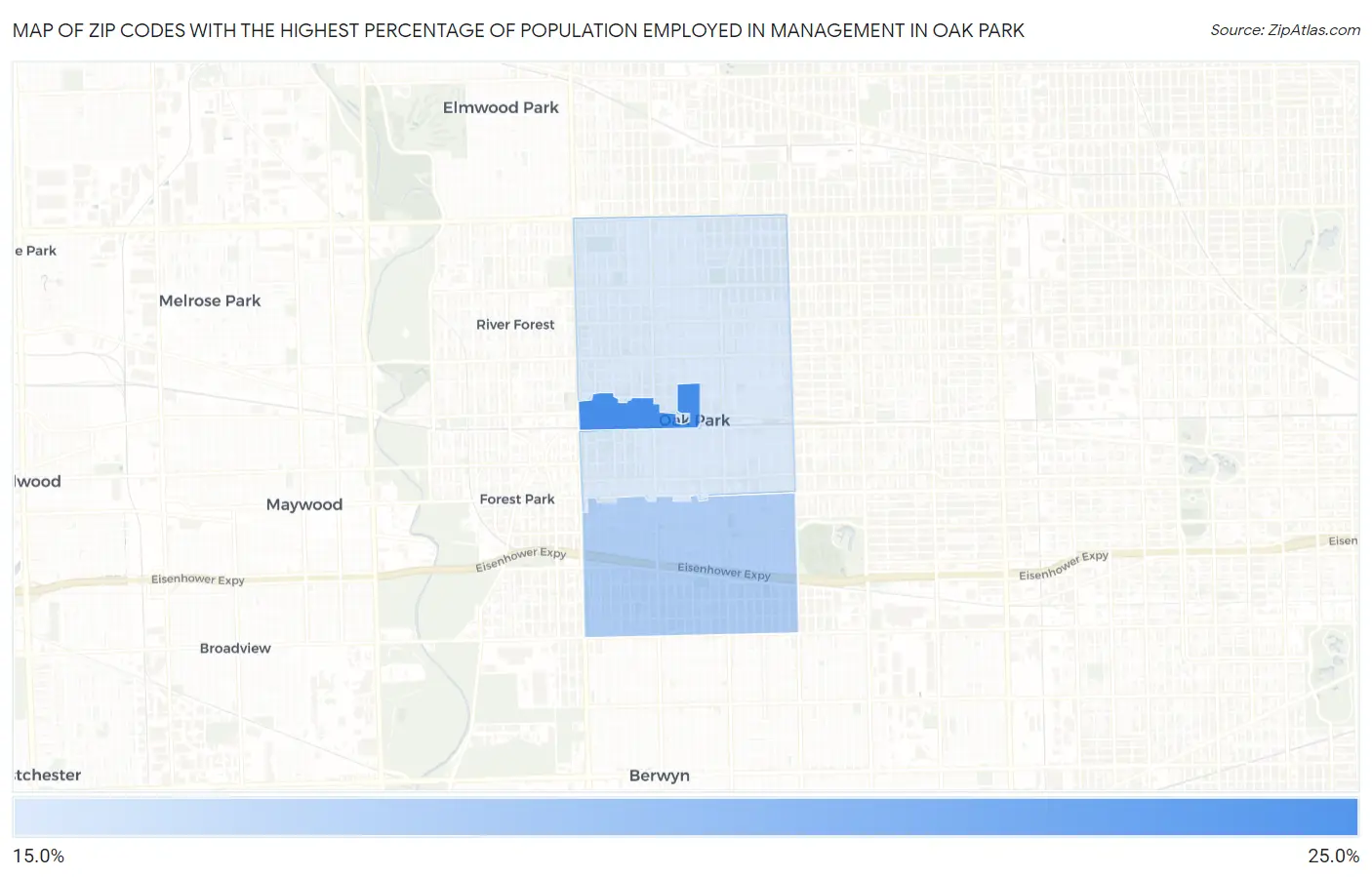 Zip Codes with the Highest Percentage of Population Employed in Management in Oak Park Map