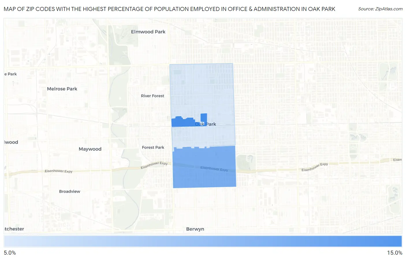 Zip Codes with the Highest Percentage of Population Employed in Office & Administration in Oak Park Map