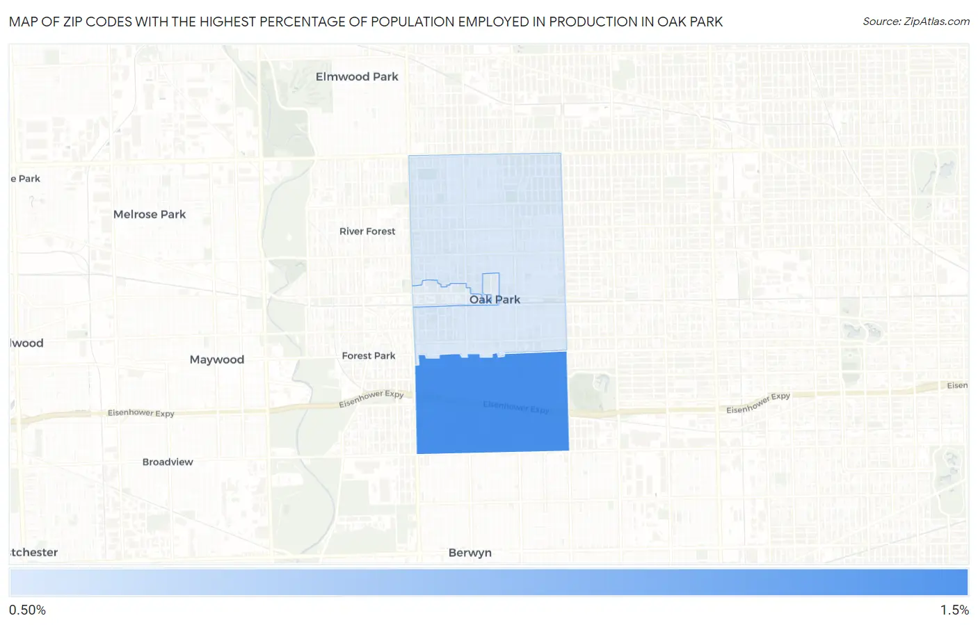 Zip Codes with the Highest Percentage of Population Employed in Production in Oak Park Map