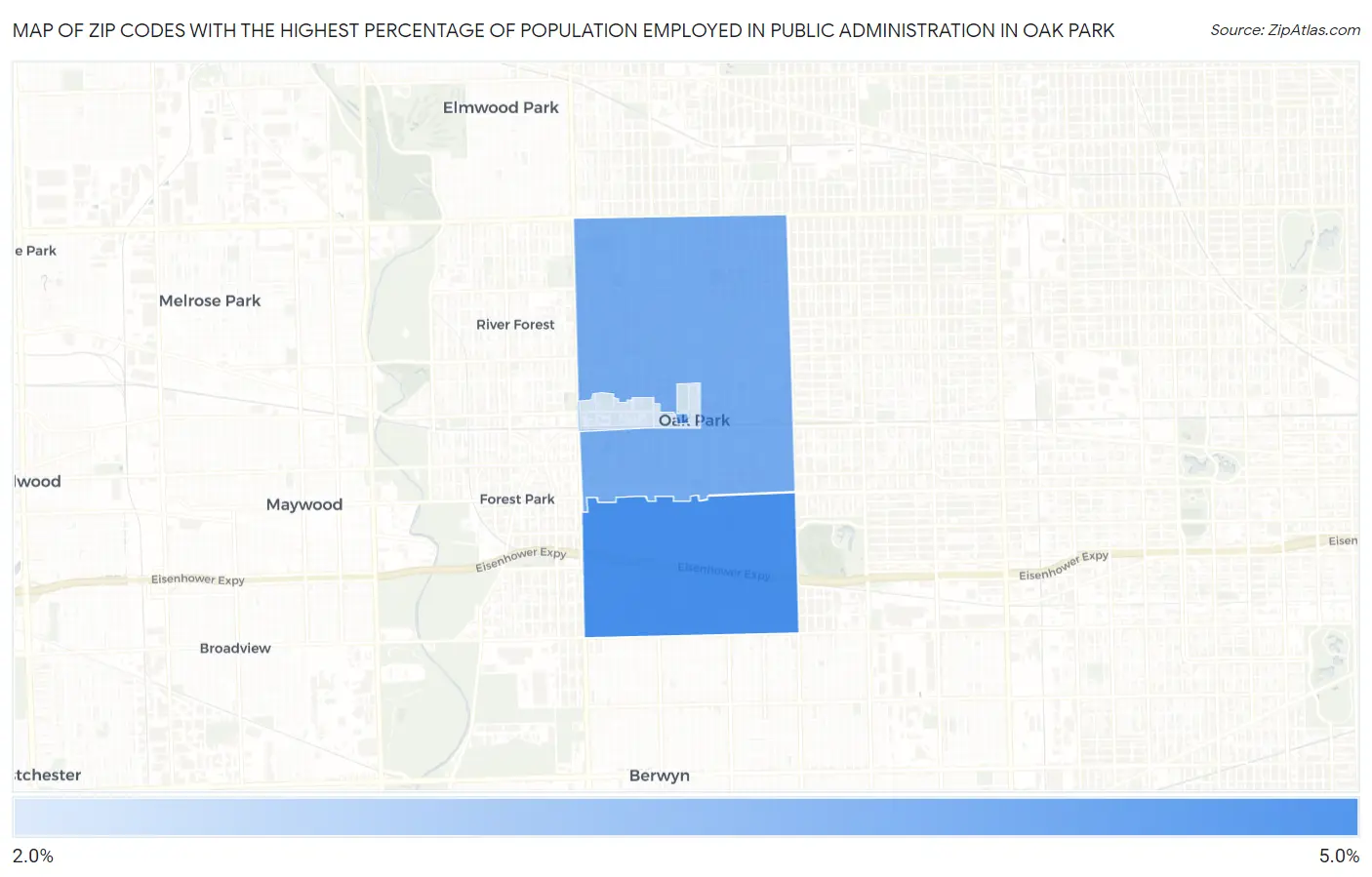 Zip Codes with the Highest Percentage of Population Employed in Public Administration in Oak Park Map