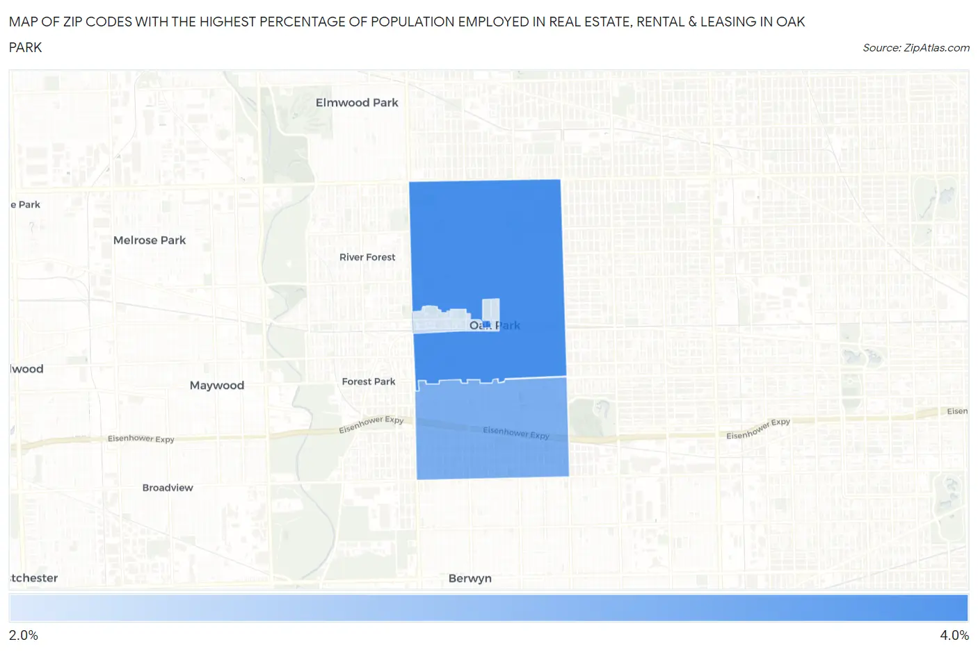 Zip Codes with the Highest Percentage of Population Employed in Real Estate, Rental & Leasing in Oak Park Map