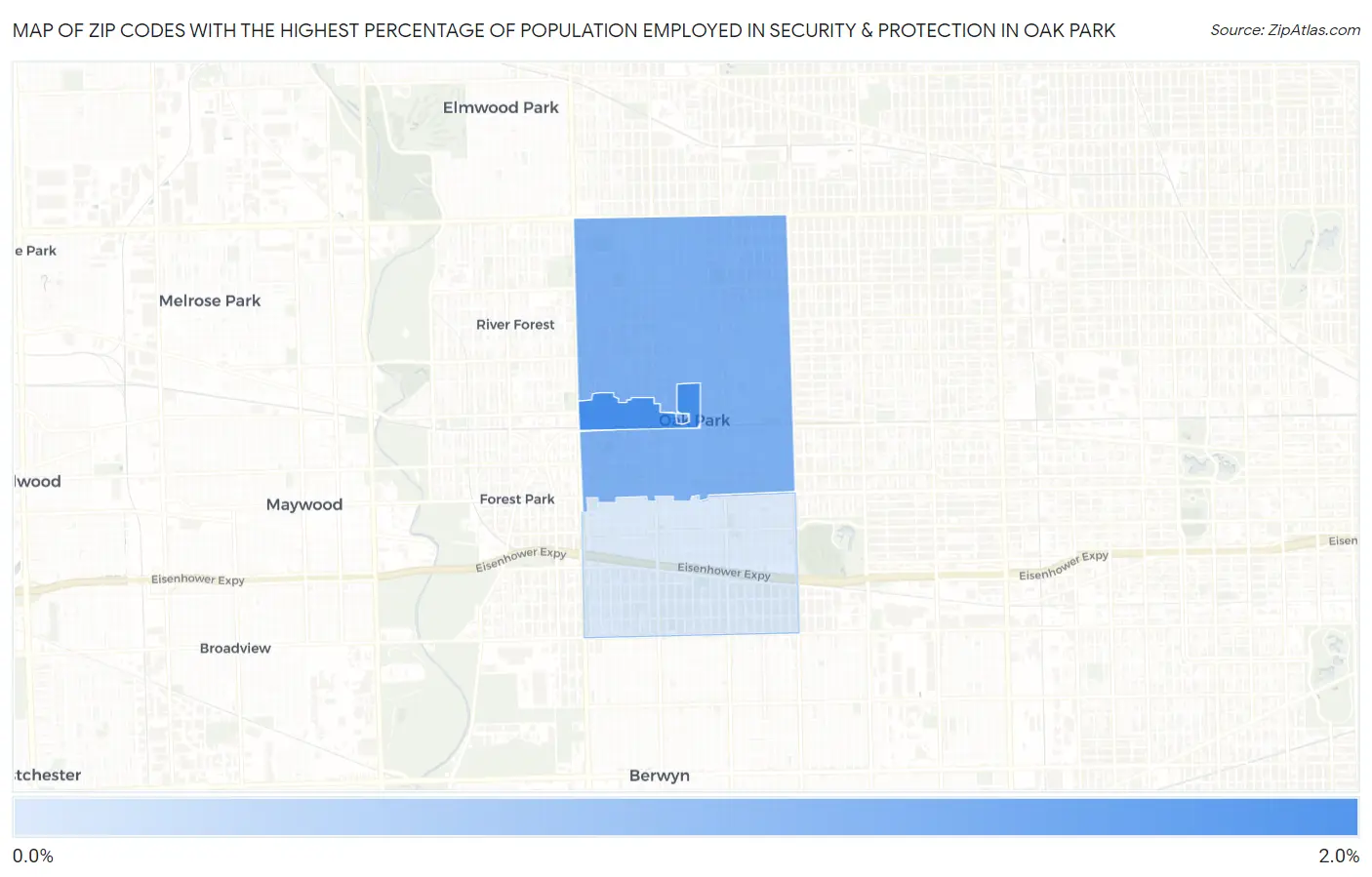Zip Codes with the Highest Percentage of Population Employed in Security & Protection in Oak Park Map