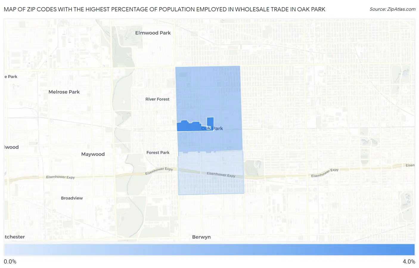 Zip Codes with the Highest Percentage of Population Employed in Wholesale Trade in Oak Park Map