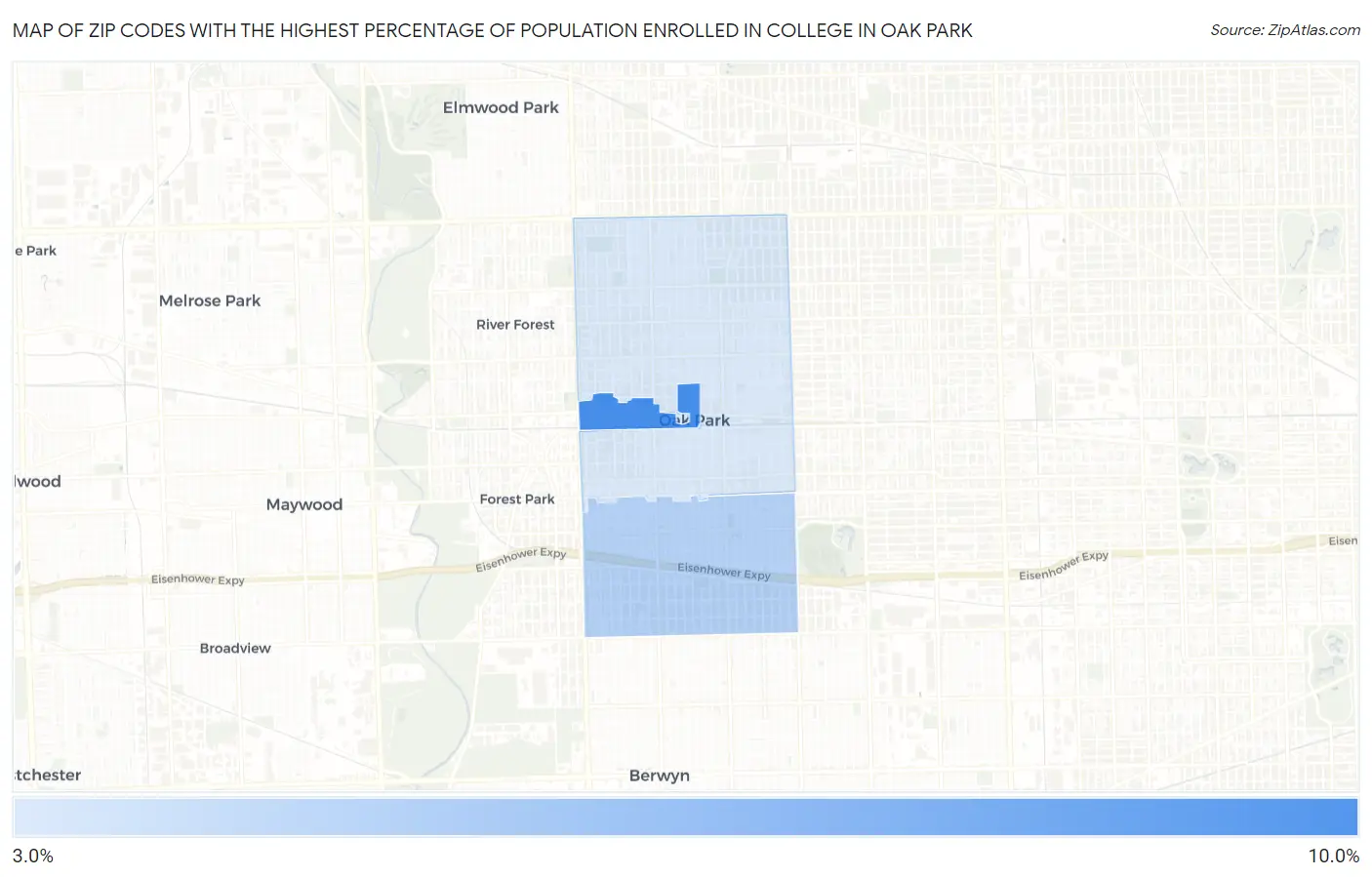 Zip Codes with the Highest Percentage of Population Enrolled in College in Oak Park Map