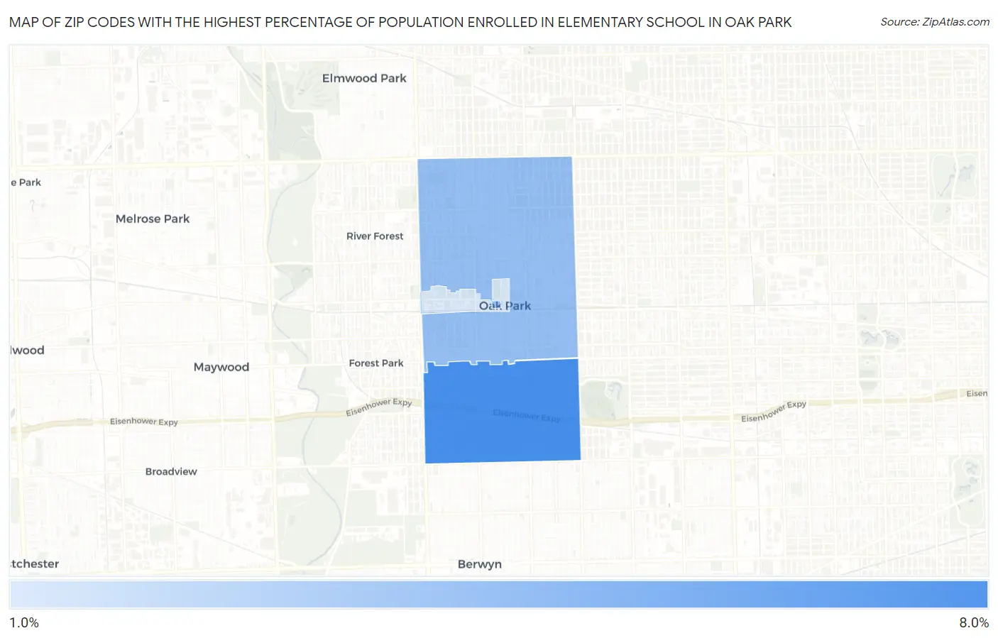 Zip Codes with the Highest Percentage of Population Enrolled in Elementary School in Oak Park Map