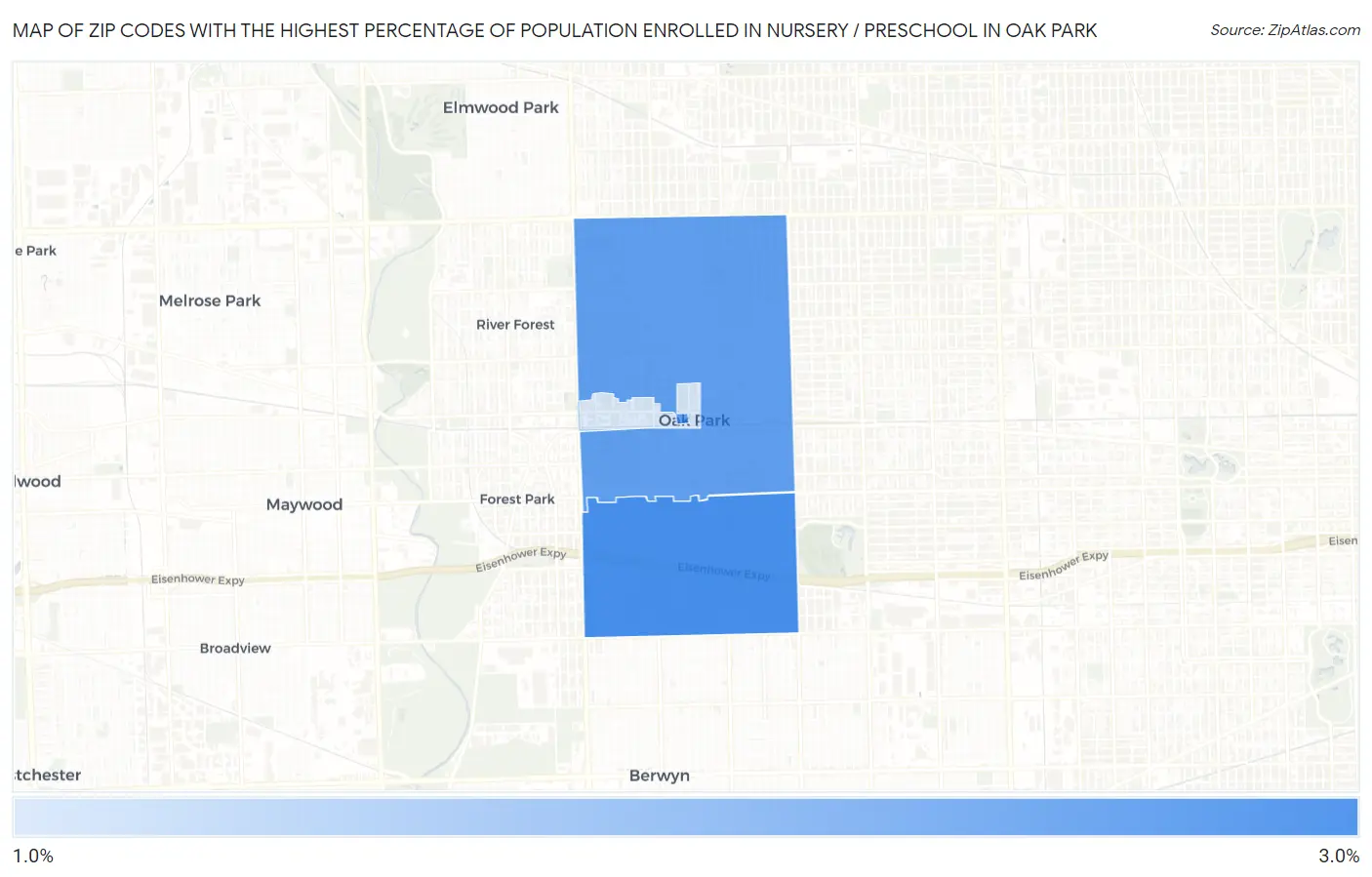 Zip Codes with the Highest Percentage of Population Enrolled in Nursery / Preschool in Oak Park Map