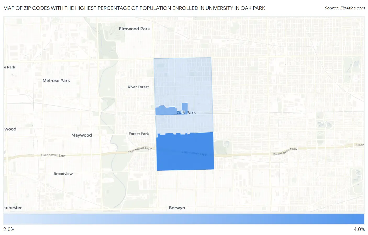 Zip Codes with the Highest Percentage of Population Enrolled in University in Oak Park Map