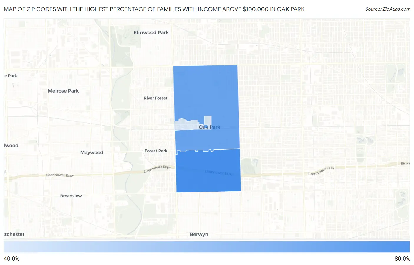 Zip Codes with the Highest Percentage of Families with Income Above $100,000 in Oak Park Map