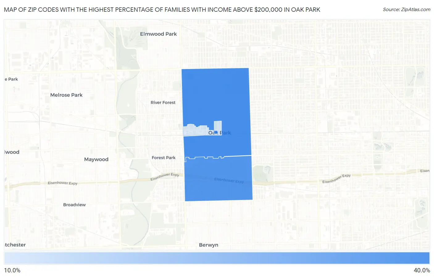 Zip Codes with the Highest Percentage of Families with Income Above $200,000 in Oak Park Map