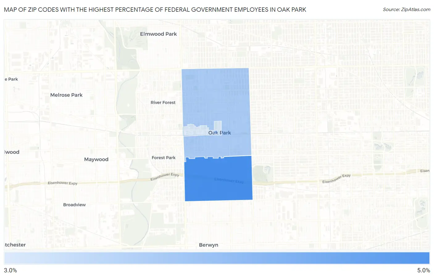 Zip Codes with the Highest Percentage of Federal Government Employees in Oak Park Map