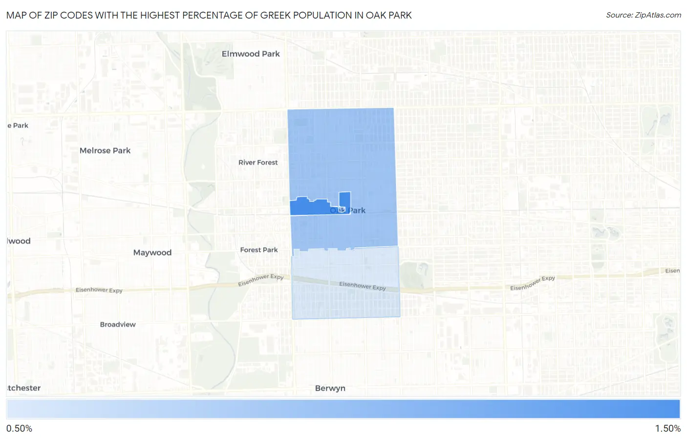 Zip Codes with the Highest Percentage of Greek Population in Oak Park Map