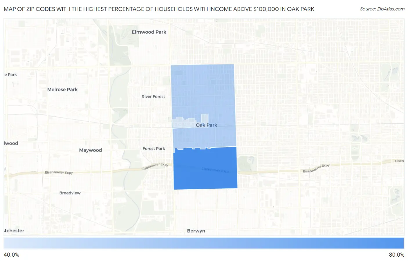 Zip Codes with the Highest Percentage of Households with Income Above $100,000 in Oak Park Map