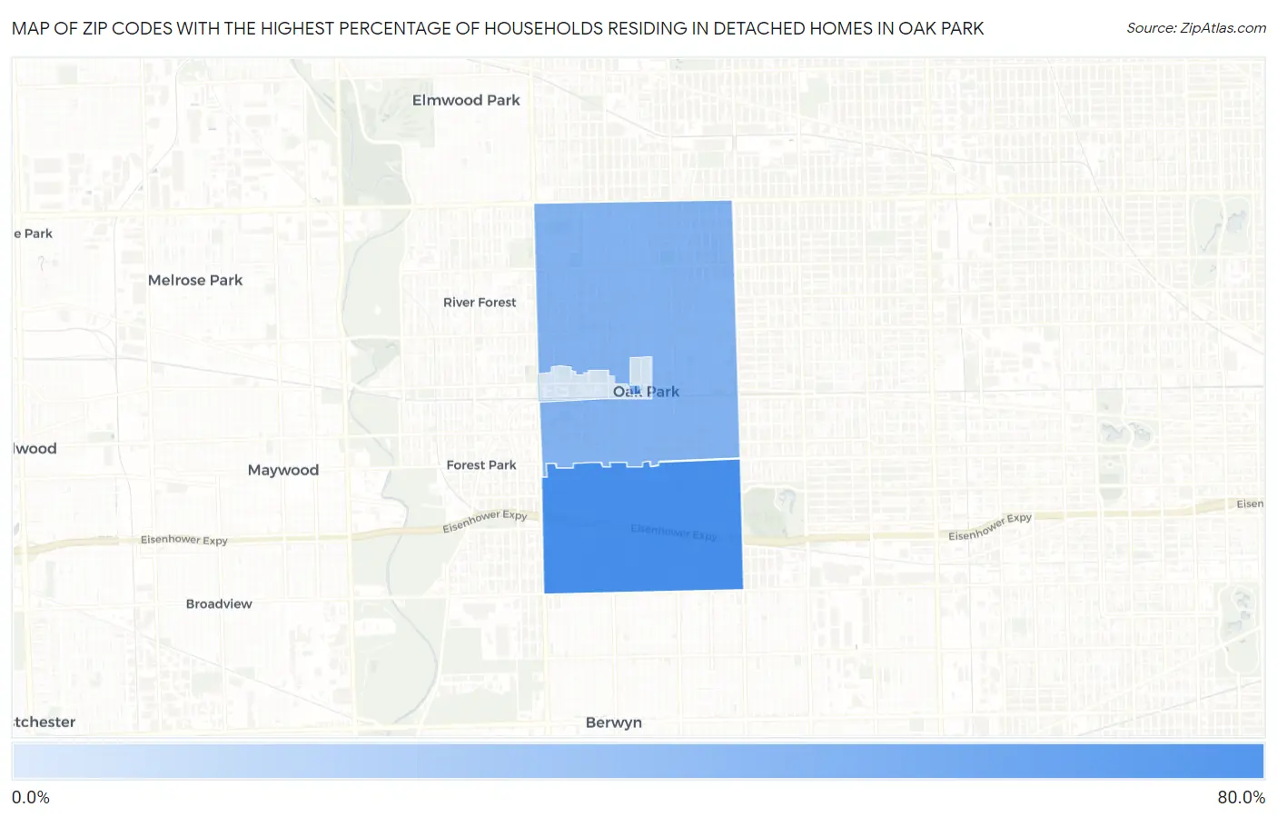 Zip Codes with the Highest Percentage of Households Residing in Detached Homes in Oak Park Map
