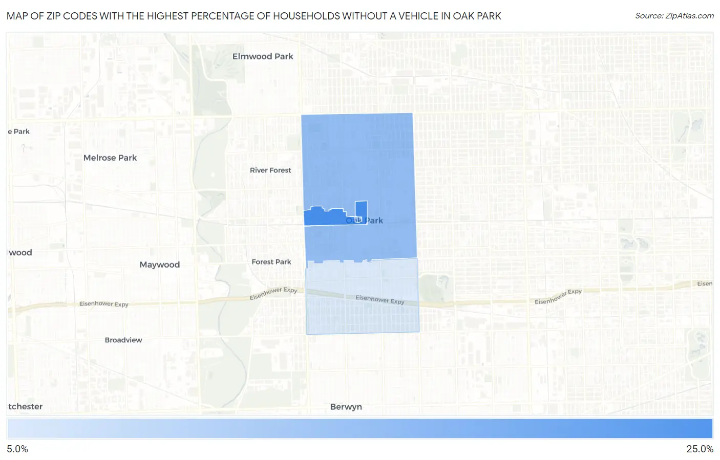 Zip Codes with the Highest Percentage of Households Without a Vehicle in Oak Park Map