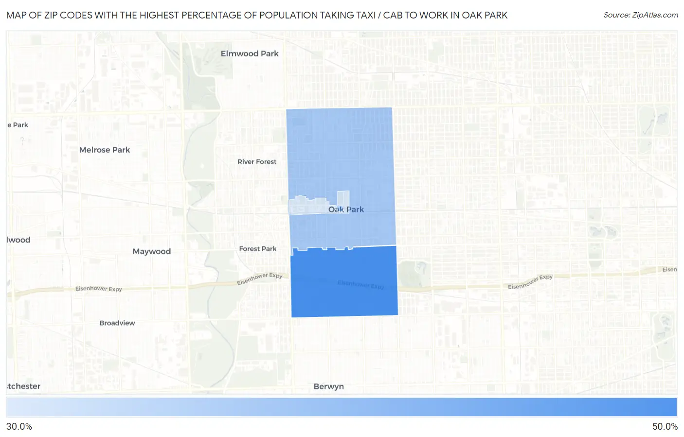 Zip Codes with the Highest Percentage of Population Taking Taxi / Cab to Work in Oak Park Map